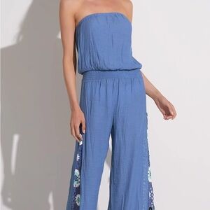 NWT Blue Crochet Panel Strapless Jumpsuit